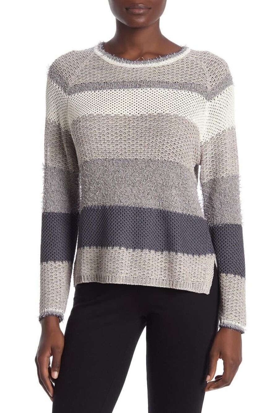 CENY NWT Oatmeal Gray Stripe Open Knit Sweater Size Large